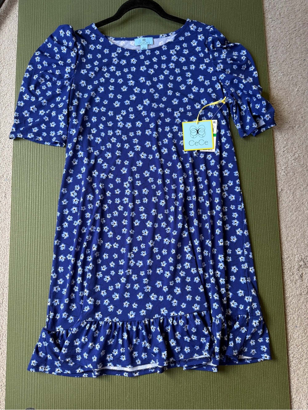 CeCe Garden Romance Ruffle Hem Puff Sleeve Dress Twilight Blue Floral L NWT - Picture 6 of 9